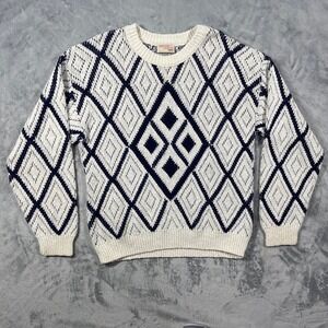 The Fox Collection Vintage Mens Large Diamond Knit Cotton Sweater Navy Cream USA
